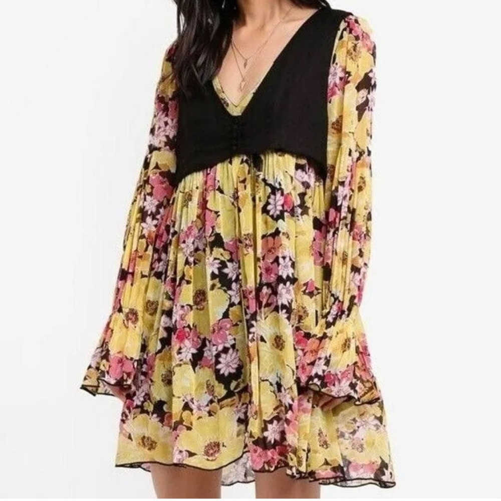 Free People Alice Yellow Floral Flowy Vested Dress Sz L